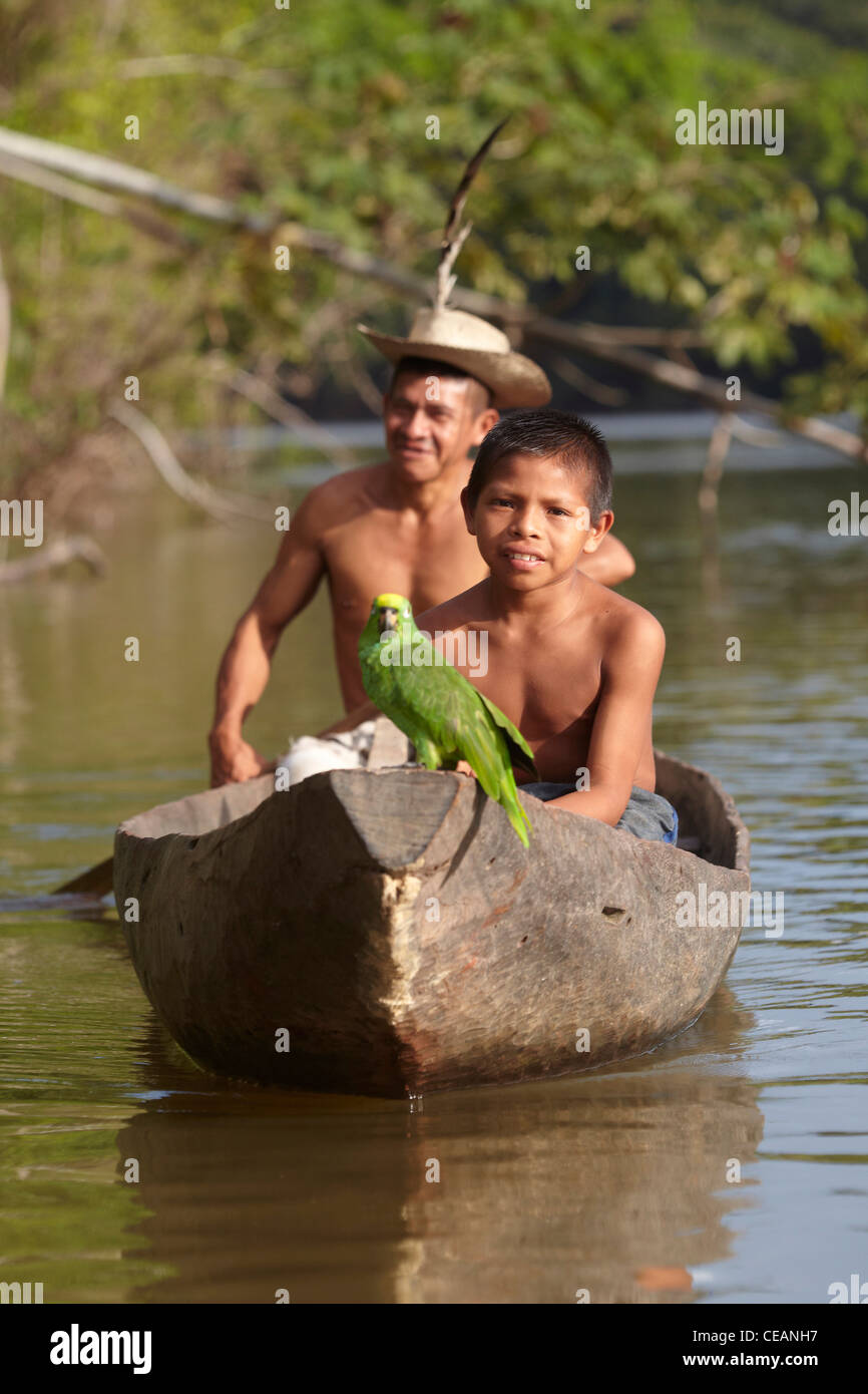 Aldeano de amerindios y joven con parrot remar en canoa por el río Rewa, Rewa, Guyana, en América del Sur. Foto de stock