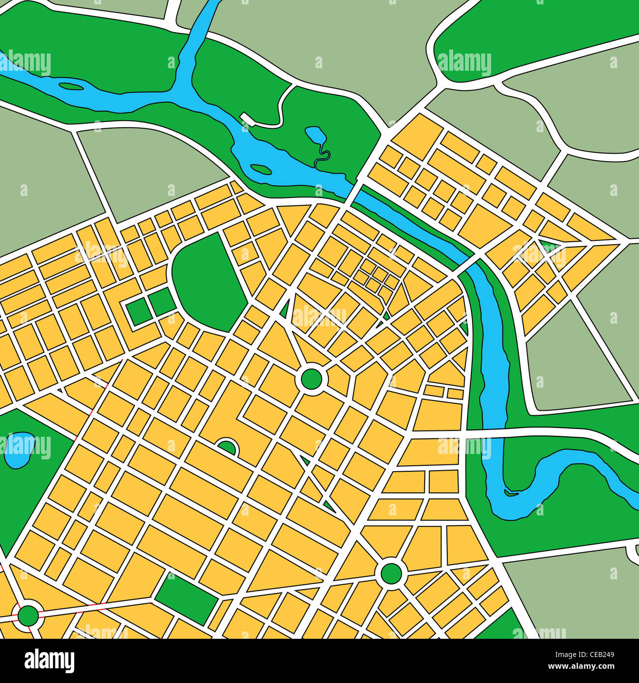 Mapa o plano de la ciudad genérica mostrando calles y parques Foto de stock