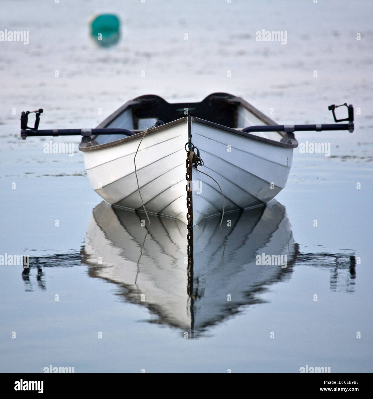 Cráneo de madera blanca o bote de remos descansa pacíficamente en el agua Foto de stock