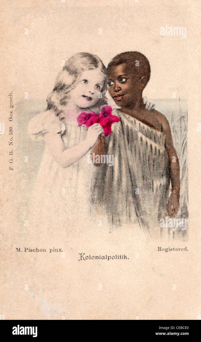 Postal de la ilustración de la vendimia de la amistad interracial, alrededor de 1910. Foto de stock