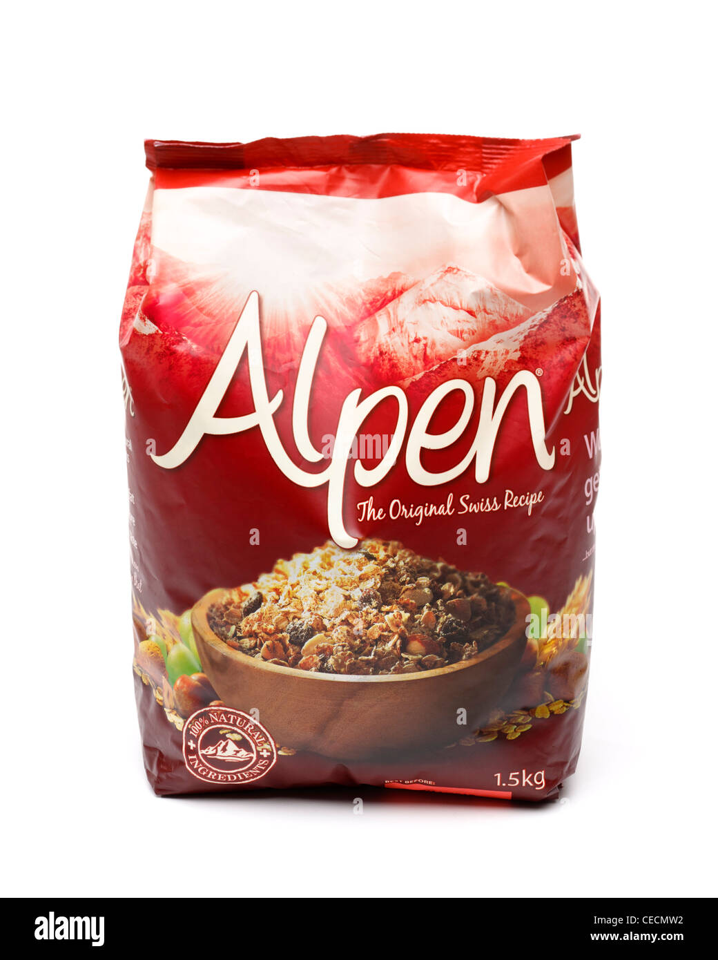 Alpen muesli cereales para el desayuno - Corte sobre fondo blanco. Foto de stock