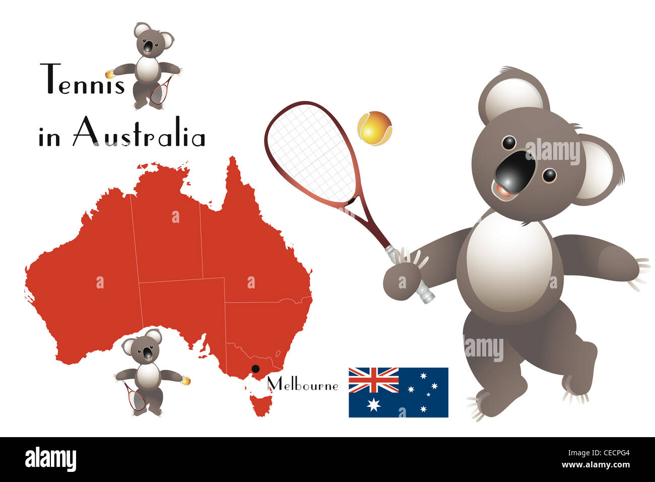 Tenis en Australia - Koalas, mapa y la bandera de Australia Foto de stock