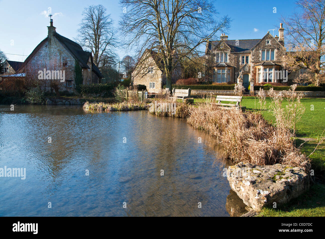 Las casas alrededor de un típico pueblo inglés verde con estanque de patos en primer plano en Biddestone, Wiltshire, Inglaterra, Reino Unido. Foto de stock
