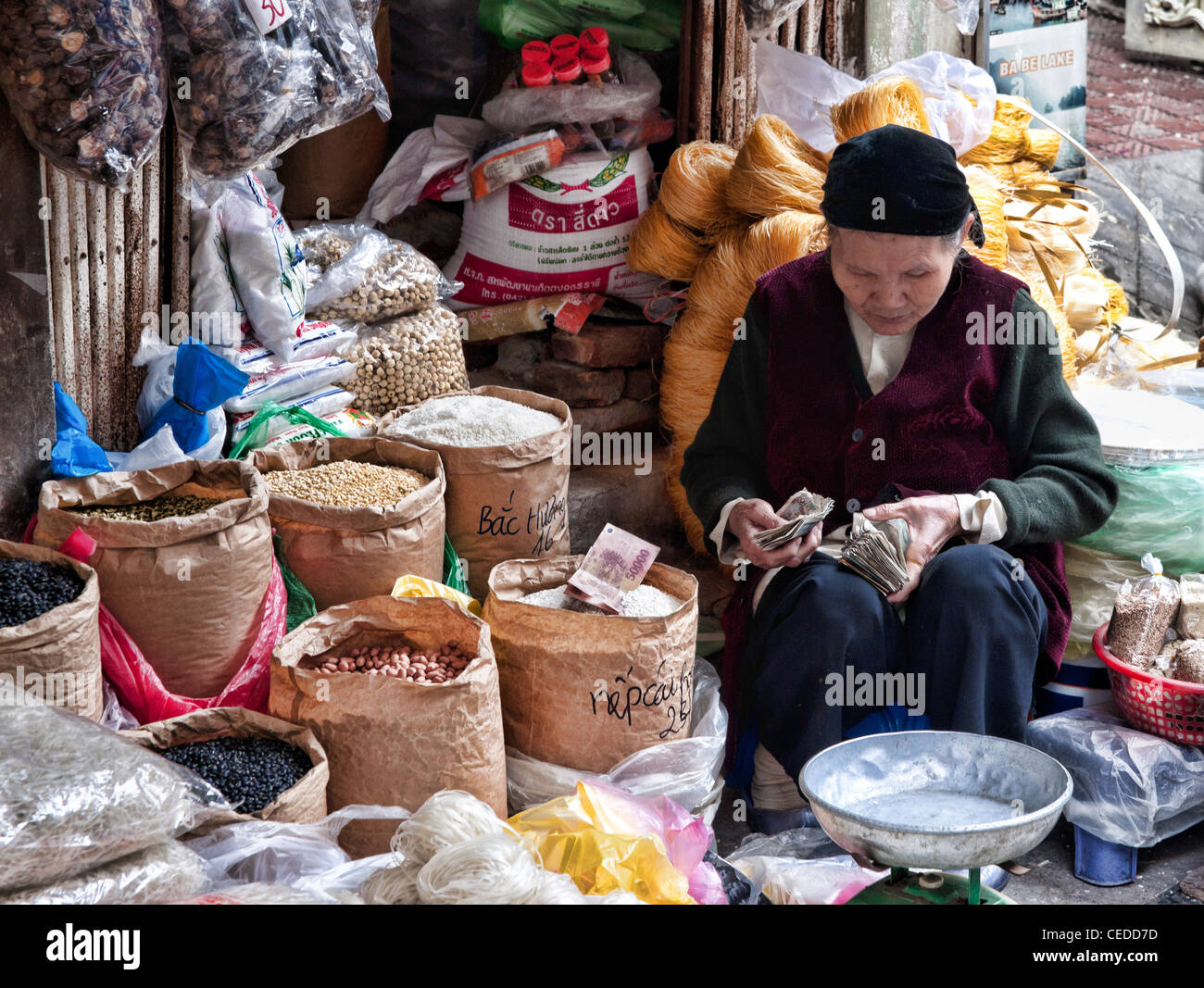La mujer en el mercado de mercancías del vendedor ambulante de alimentos recuento recuento de dinero economía finanzas vietnam hanoi producir Foto de stock