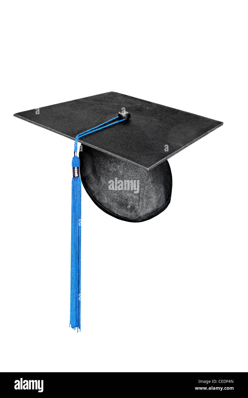Un birrete de graduación azul gorro con borla aislado en blanco Fotografía  de stock - Alamy