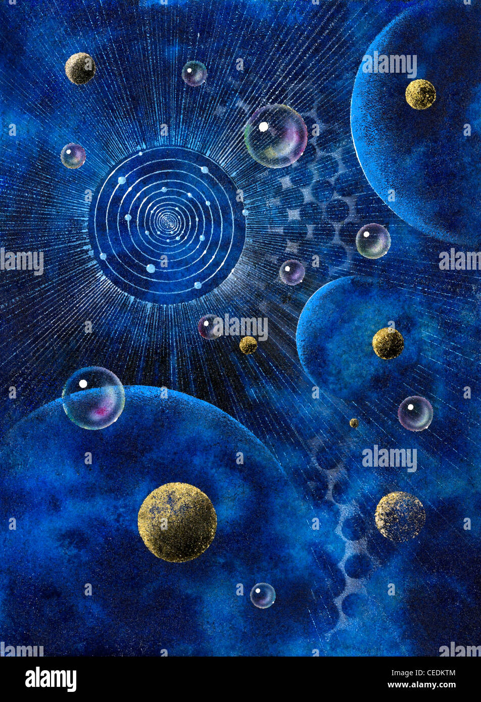 Cuadro pintado por mí, llamado 'Corona', que muestra una estructura similar a la corona, planetas y burbujas en azul espaciosos atrás Foto de stock