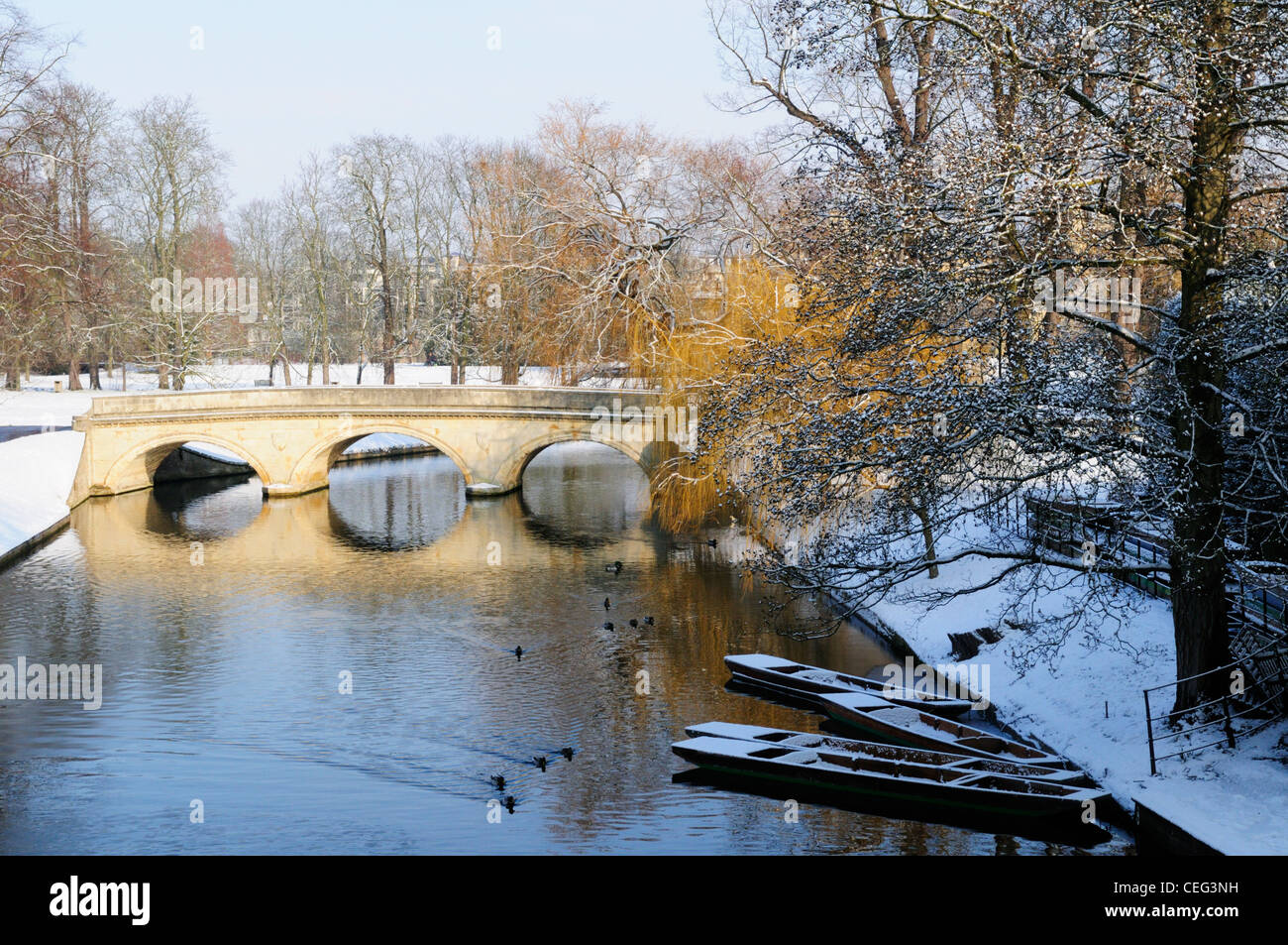 Trinity Bridge en invierno, Cambridge, Inglaterra, Reino Unido. Foto de stock