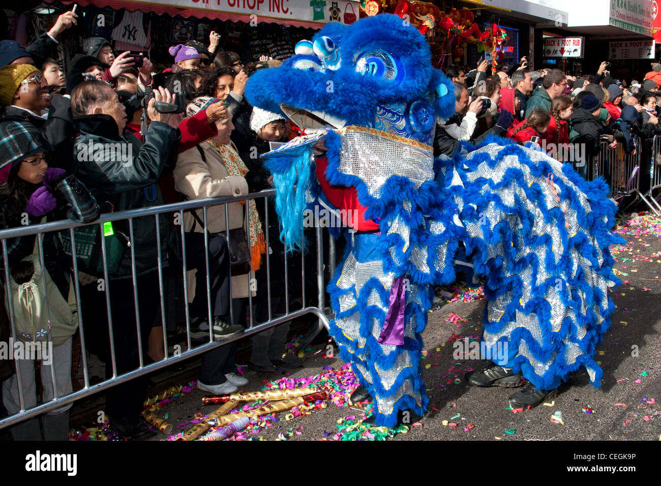 Los espectadores tocar un dragón azul para la buena suerte en el Año Nuevo Lunar 2012 Desfile en Chinatown en la Ciudad de Nueva York. Foto de stock