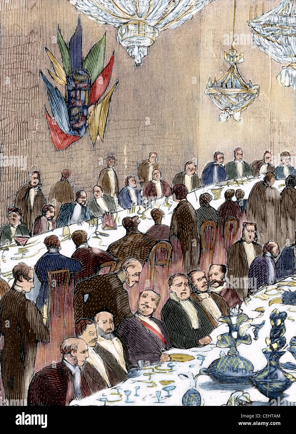 Banquete ofrecido a los huéspedes en una ceremonia de apertura. Grabado. A principios del siglo XX. Grabado en color. Foto de stock