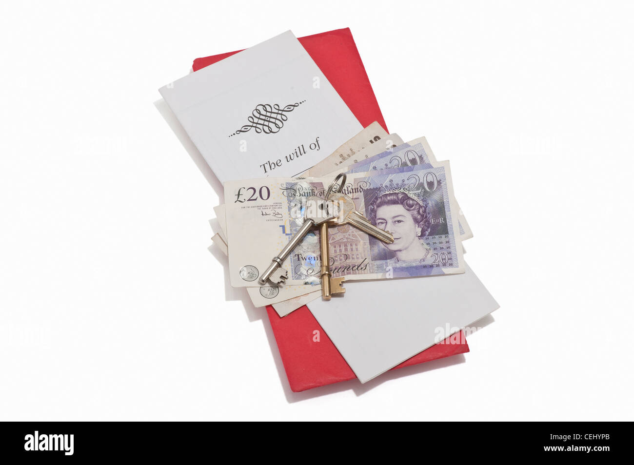 Un documento británico, billetes y llaves de casa Foto de stock