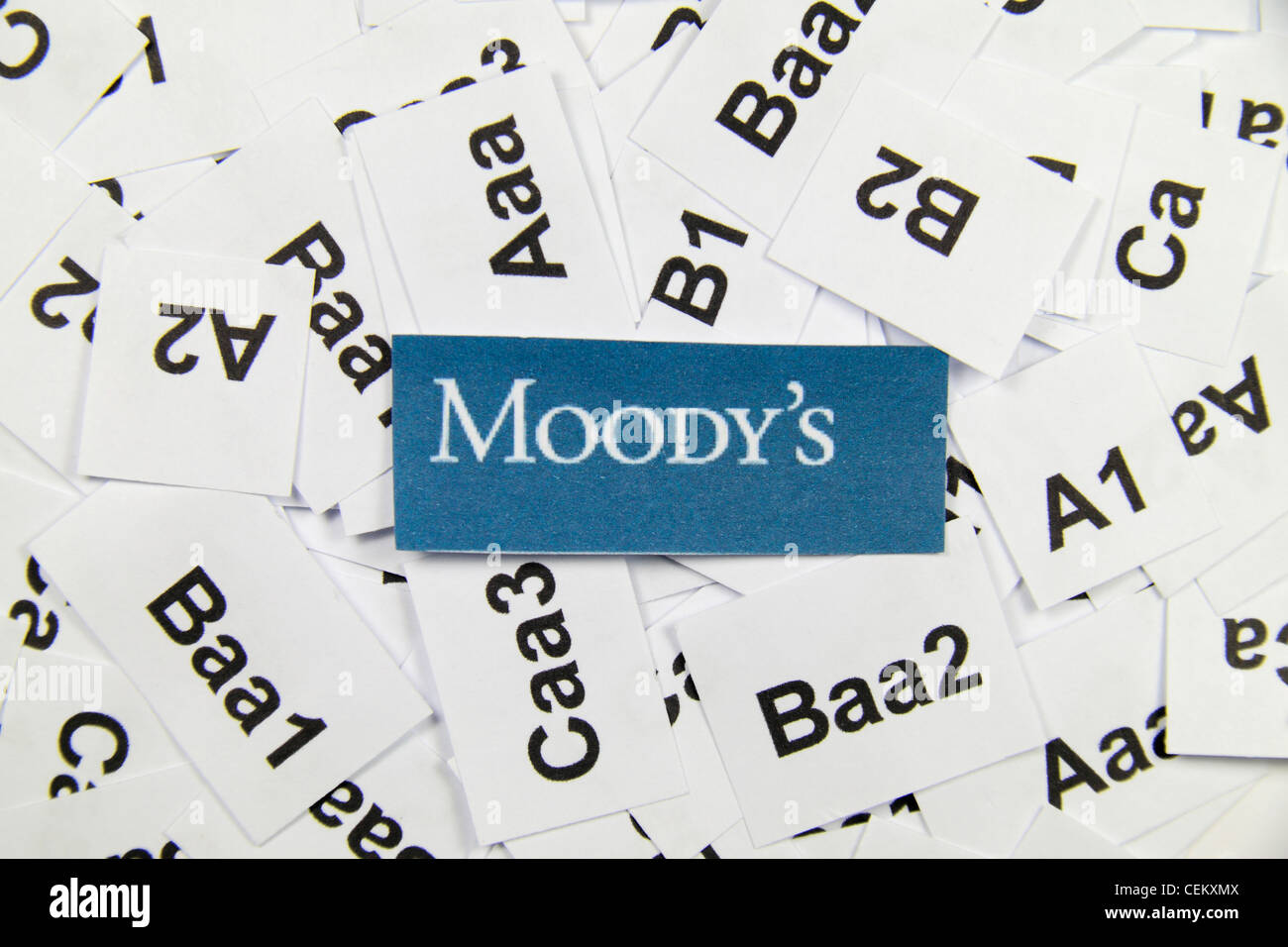 El logotipo de Moody's (la agencia de riesgo crediticio), sobre un lecho de las calificaciones crediticias utilizadas por ellos para evaluar empresas. Foto de stock