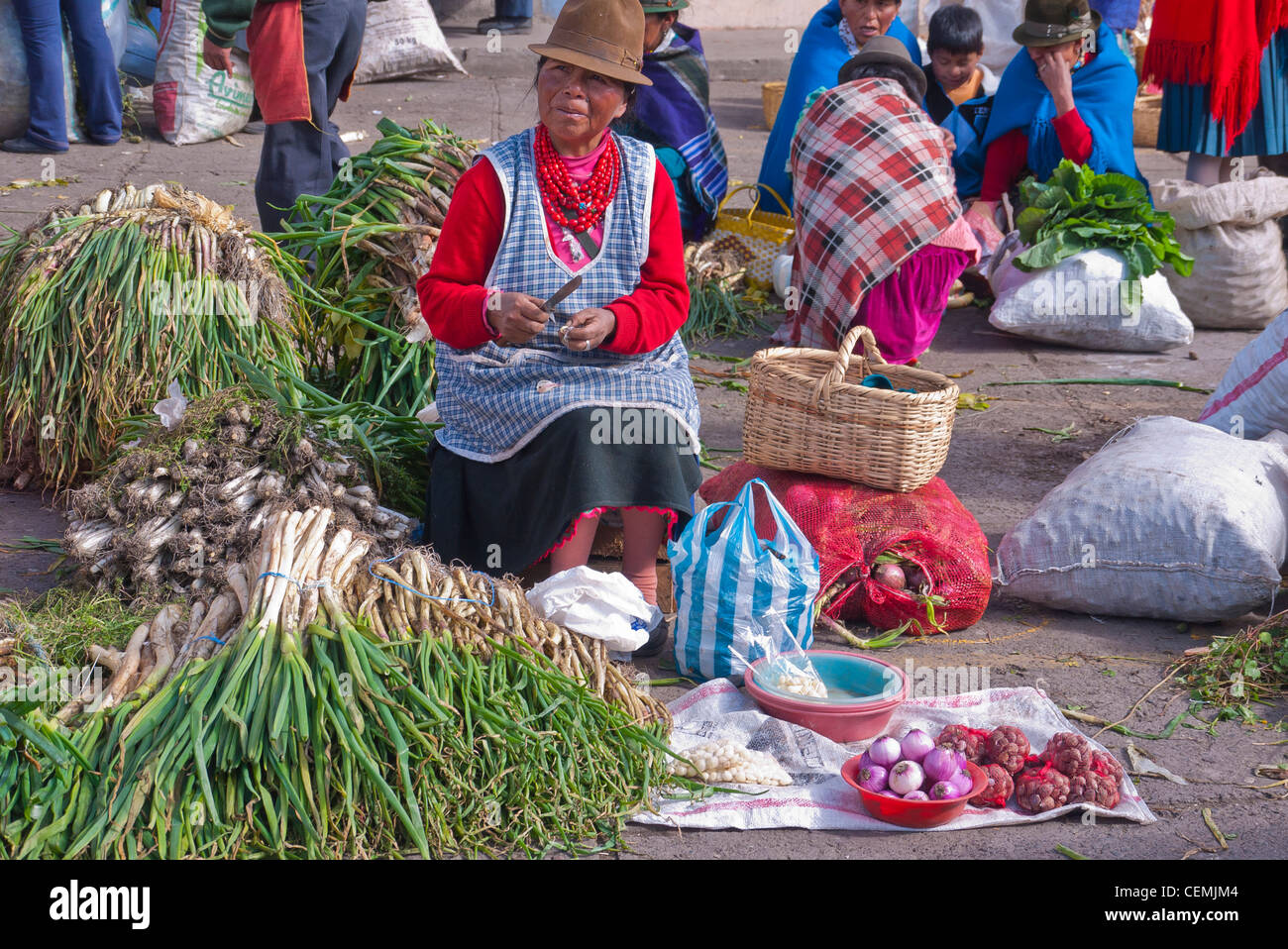 Una hembra de 6070 años indio ecuatoriano se sienta en su puesto en el