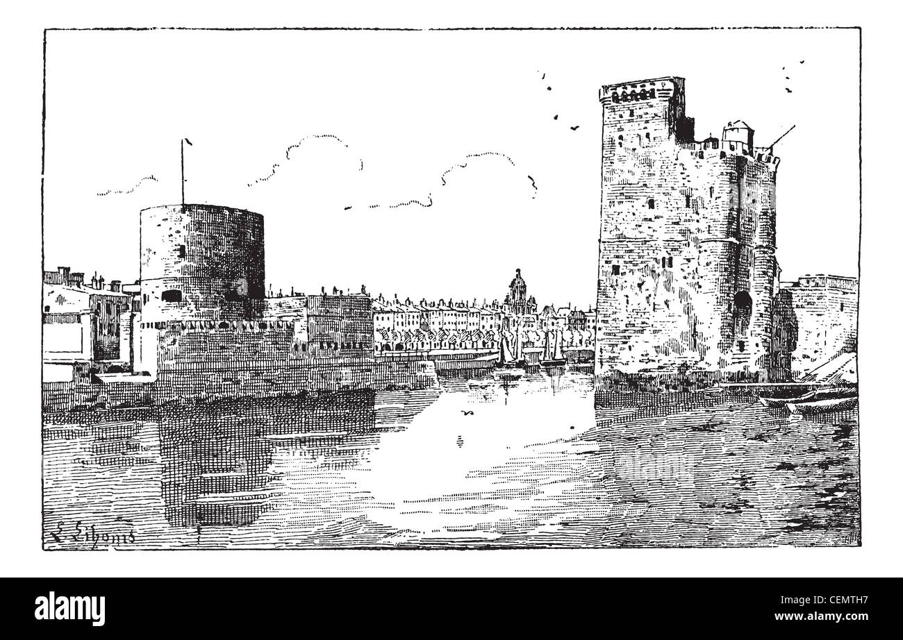Puerto de La Rochelle, Francia, vintage ilustración grabada. Diccionario de las palabras y las cosas - Larive y Fleury - 1895. Foto de stock