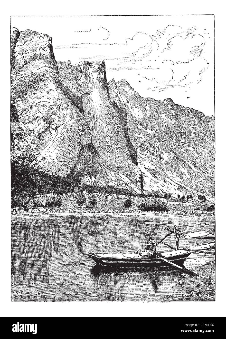 Romsdal valle de la ciudad de Rauma, vintage ilustración grabada. Diccionario de las palabras y las cosas - Larive y Fleury - 1895. Foto de stock