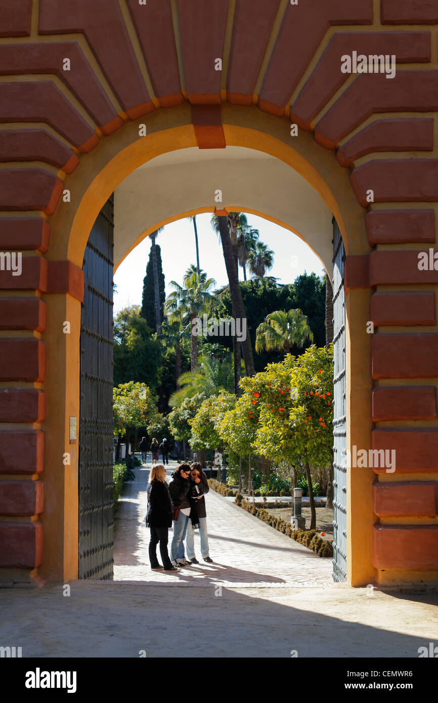 Los turistas en los jardines del Alcázar de Sevilla Foto de stock