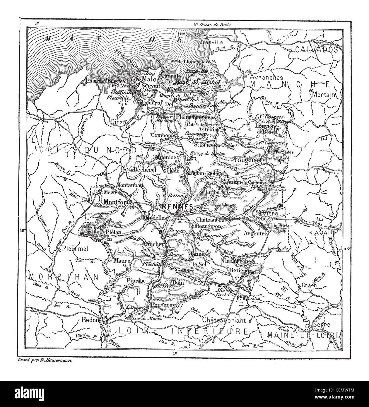 Grabados Antiguos ilustración del mapa de Ille-et-Vilaine. Diccionario de las palabras y las cosas - Larive y Fleury ? 1895 Foto de stock