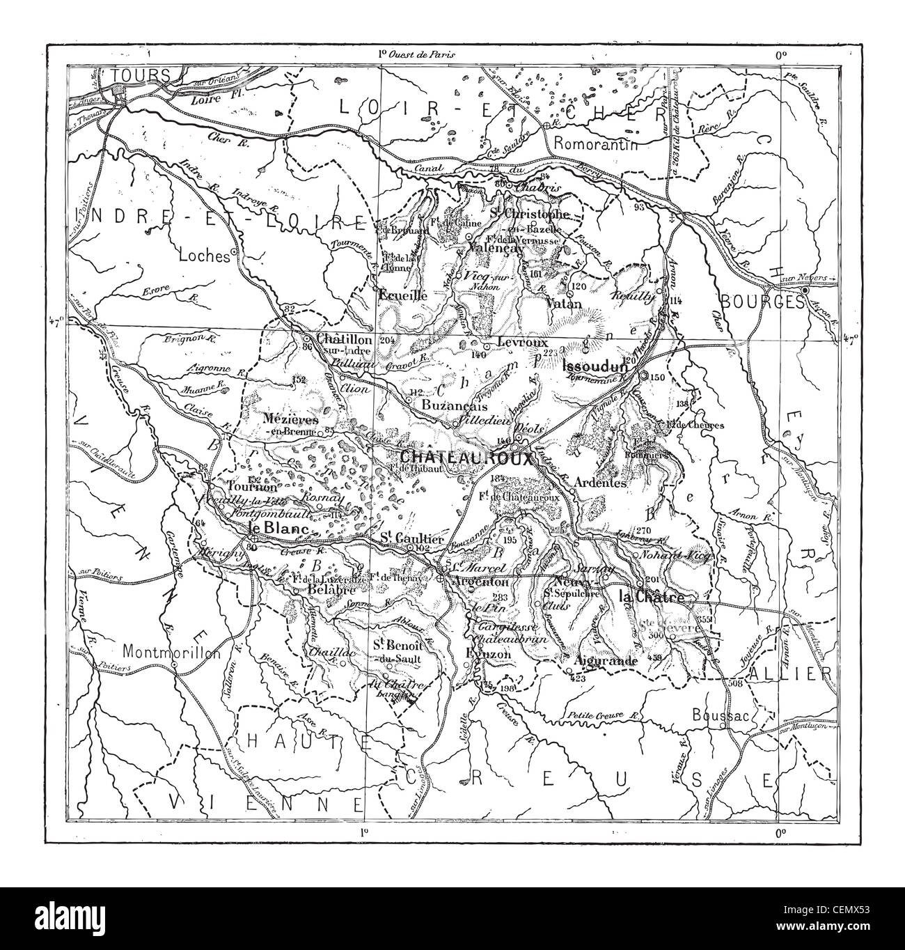Ilustración de grabado antiguo mapa del departamento de Indre. Diccionario de las palabras y las cosas - Larive y Fleury ? 1895 Foto de stock