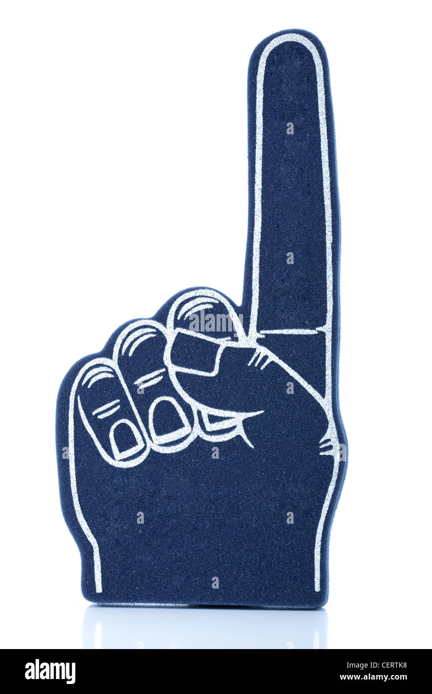 Un dedo de espuma azul para eventos deportivos que significa "somos el número 1! Foto de stock