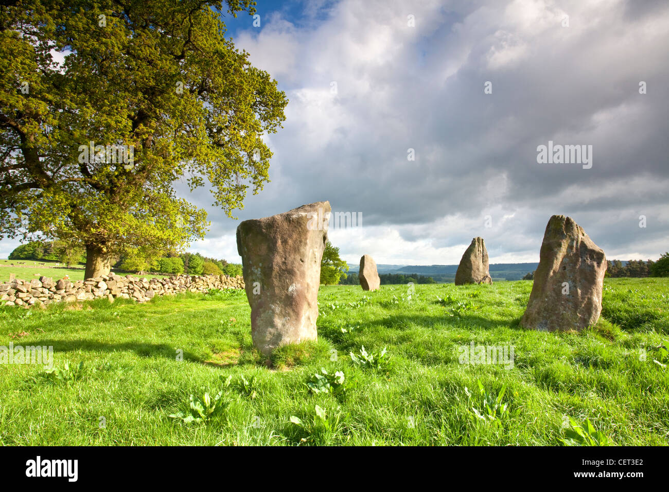 Nueve piedras cerca de la edad de bronce, un círculo de piedra en Harthill Moor. Sólo hay 4 piedras restantes de lo que una vez fue un CI de 45 pies Foto de stock