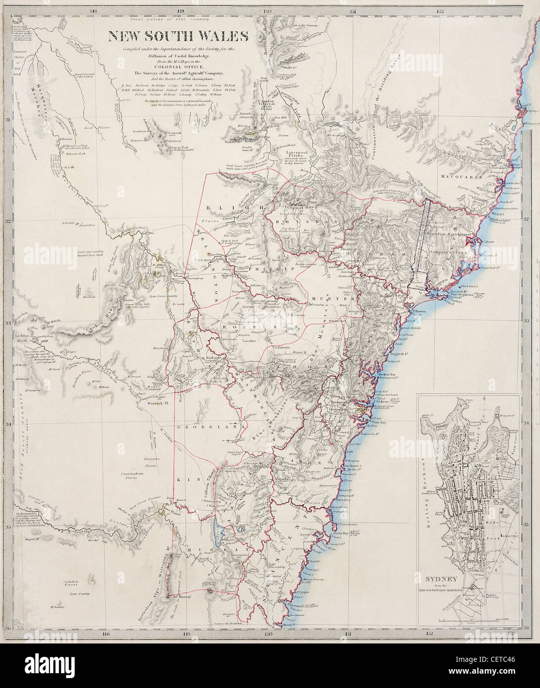 Mapa del siglo XIX de Nueva Gales del Sur y Sydney, Australia, con ...