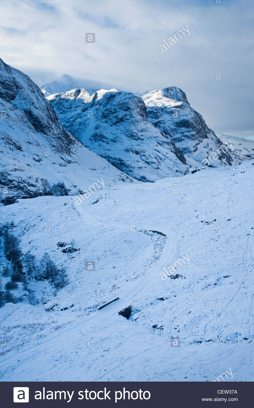 Glencoe en invierno, Lochaber, Highland, Escocia. Foto de stock
