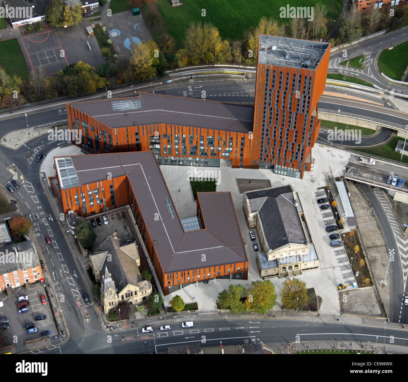 Imagen aérea de Broadcasting Place, City Campus, Universidad de Leeds Beckett Foto de stock