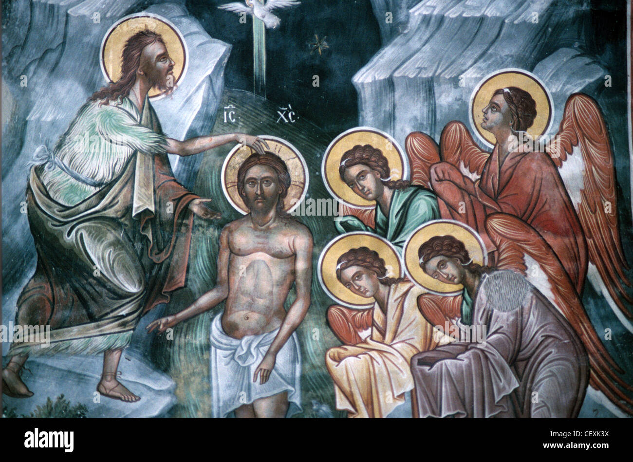 Bautismo, Cristo bautizando a sus seguidores representados con halos de oro, c18th fresco, Santo Monasterio de Kaisariani o Kessariani, Atenas, Grecia Foto de stock
