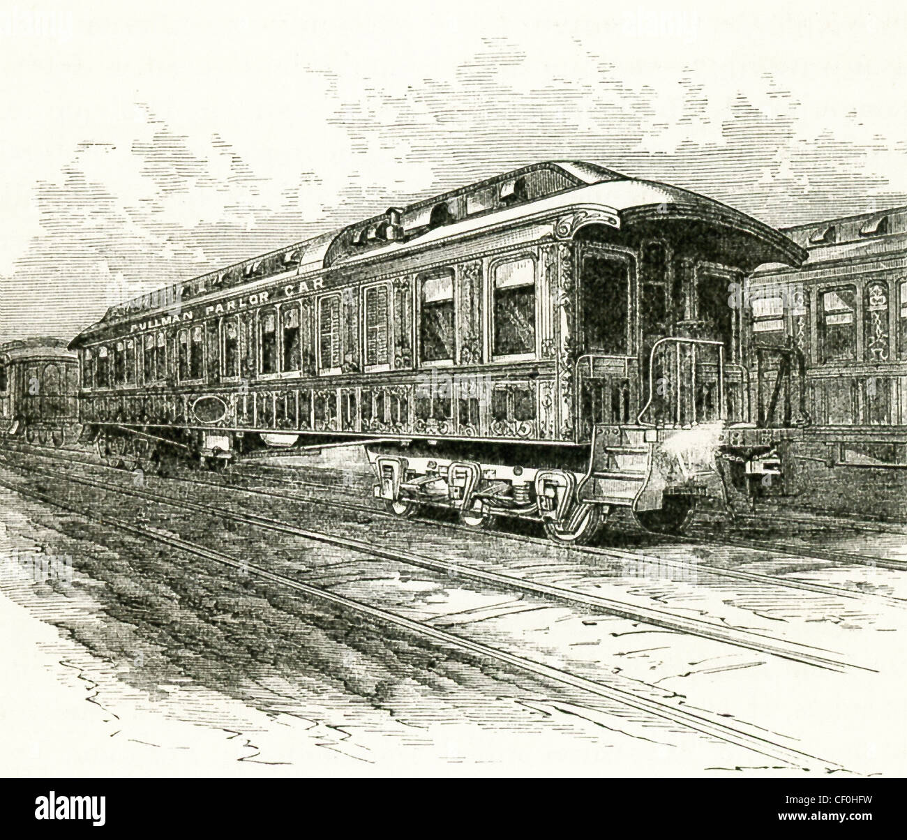 Esta ilustración, que data de 1876, muestra un vagón en el momento. La  inscripción en este coche lee: coche salón Pullman Fotografía de stock -  Alamy