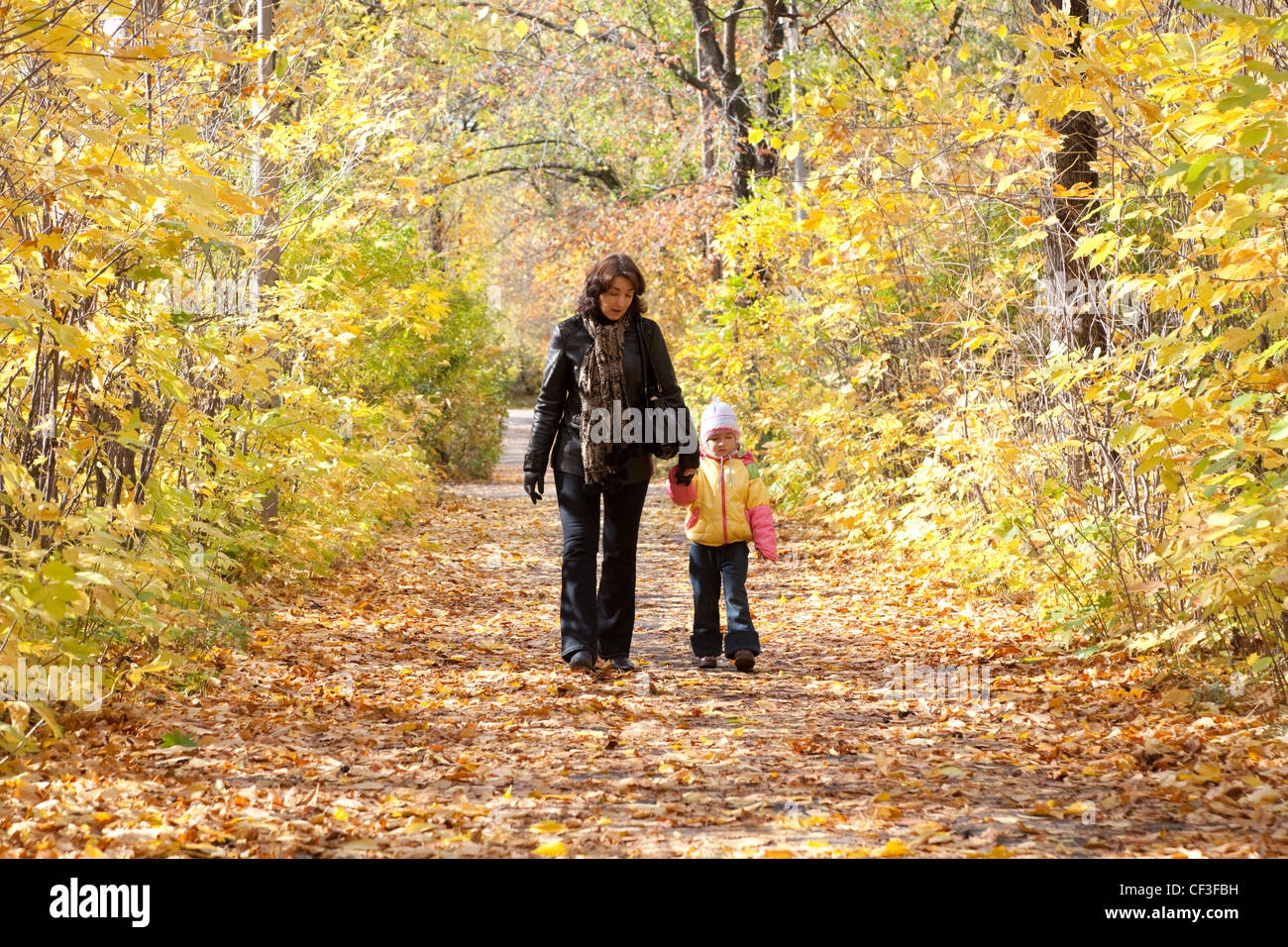 Madre e hija paseo a pie por el parque otoñal Foto de stock