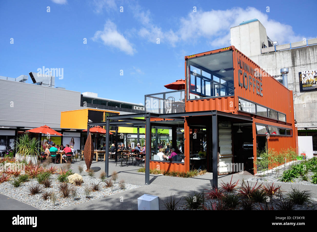 Re:iniciar contenedor ciudad construida después de los terremotos, Cashel Mall, el CDB, Christchurch, distrito de Canterbury, Nueva Zelanda Foto de stock