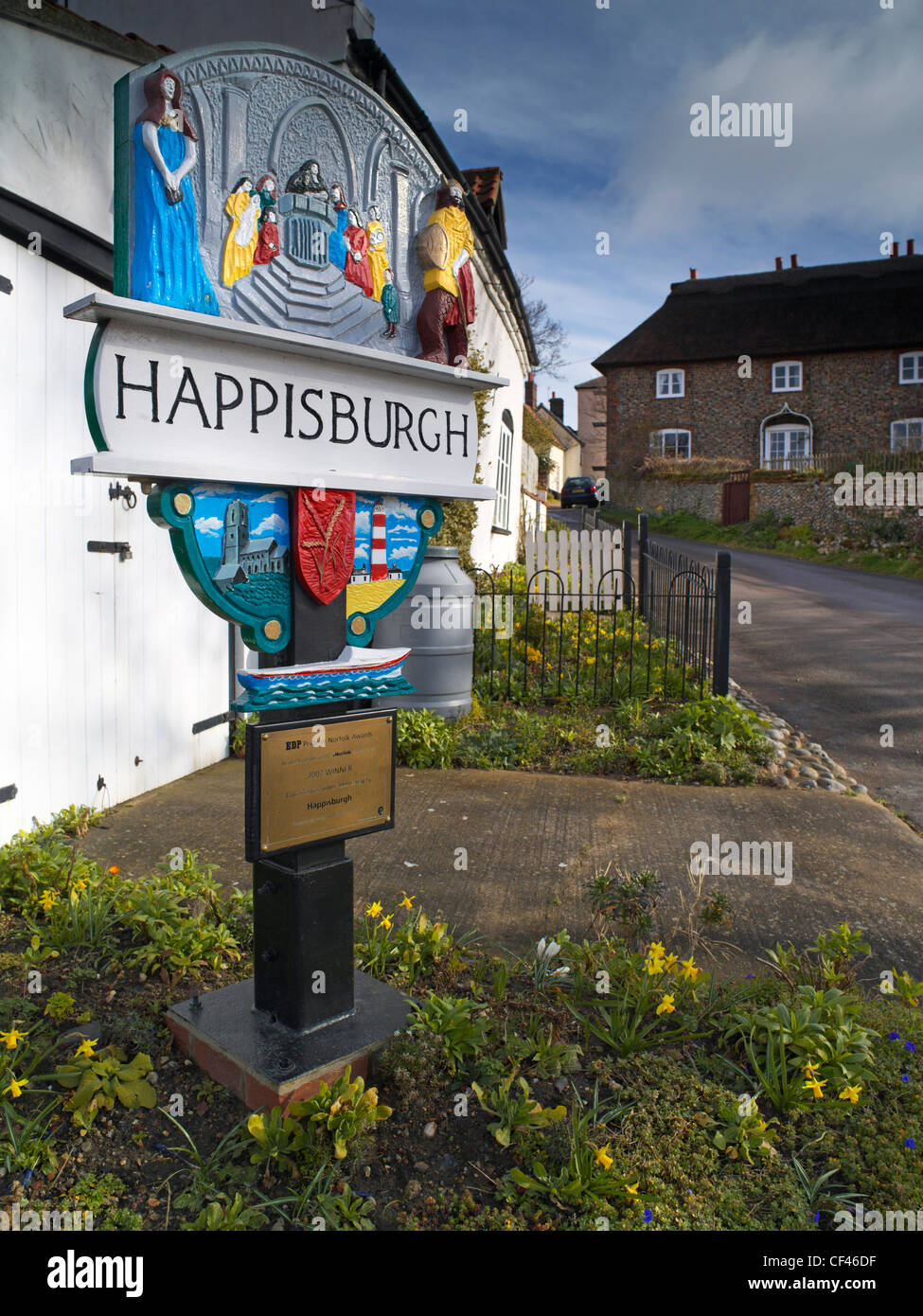 Detalle de Happisburgh signo de aldea. Foto de stock