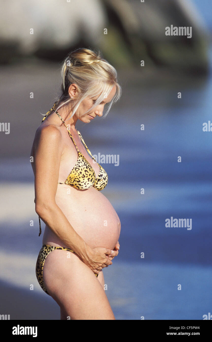 Mujeres embarazadas: Una rubia hembra preñada de pie en la playa vistiendo  un bikini animal print Fotografía de stock - Alamy
