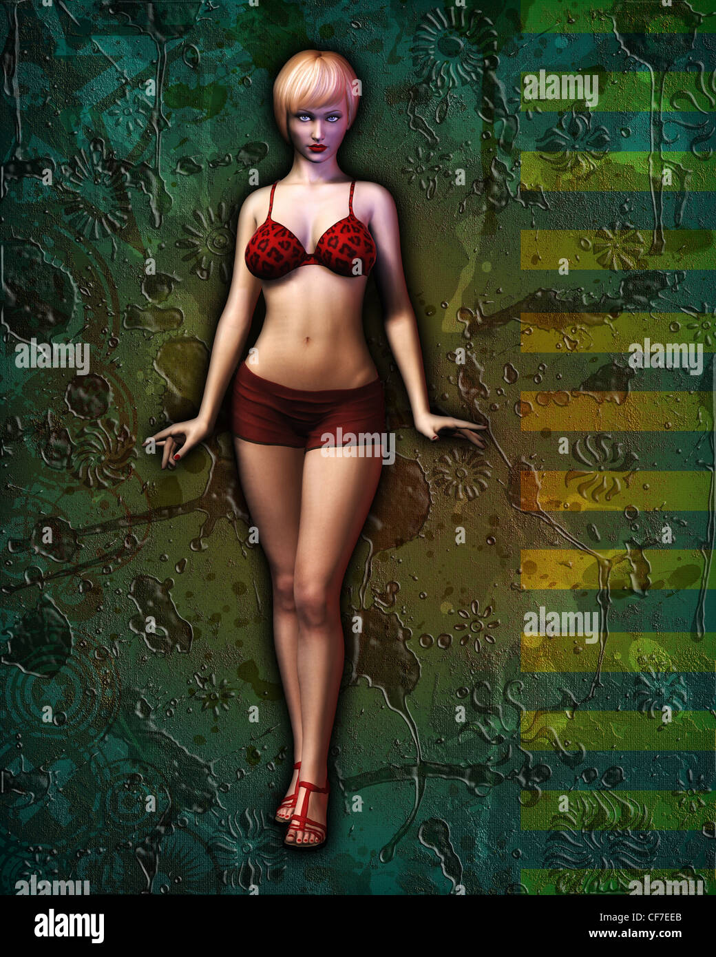 Ilustración digital de un ilustrado, sexy chica en bikini posando contra grunge resumen antecedentes artísticos. Foto de stock