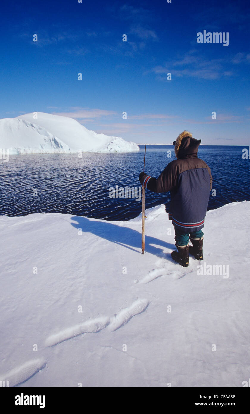 Cazador Inuit al borde de flujo, Kimmirut, La Isla de Baffin, Nunavut