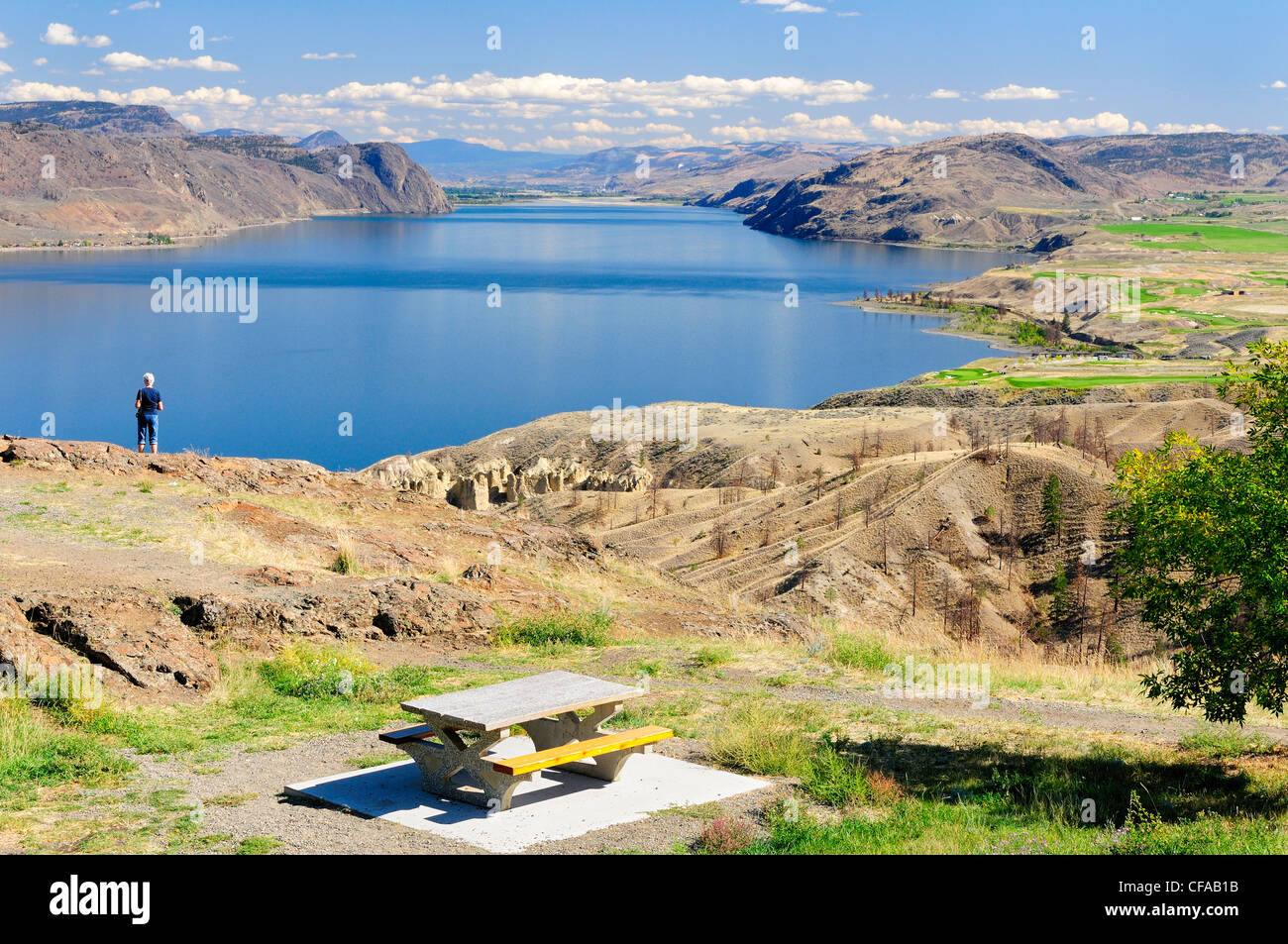 Una mesa de picnic y una mujer con vistas cercanas de Kamloops Lake y el tobiano Golf cerca de Kamloops, British Columbia, Canadá. Foto de stock