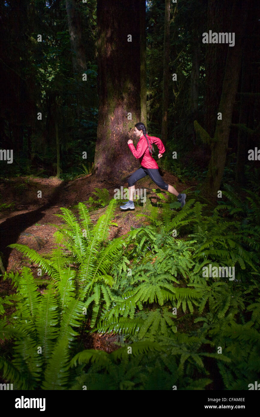 Una hembra joven trail running entre cedros gigantes en Cathedral Grove, el Parque Provincial de la isla de Vancouver, British Columbia, Canadá Foto de stock