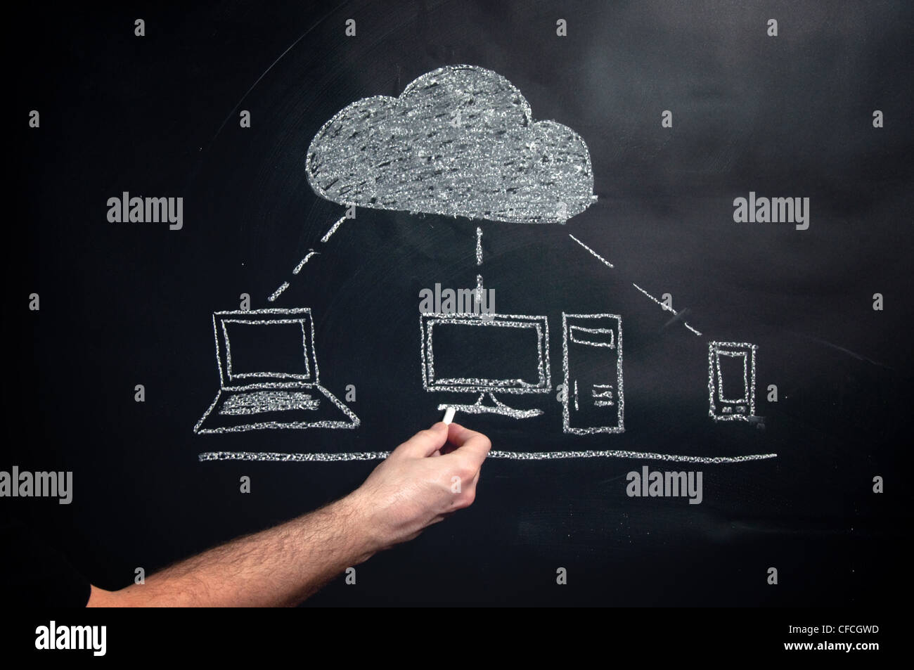 Cloud computing esquema gráfico dibujado con tiza en una pizarra. Foto de stock