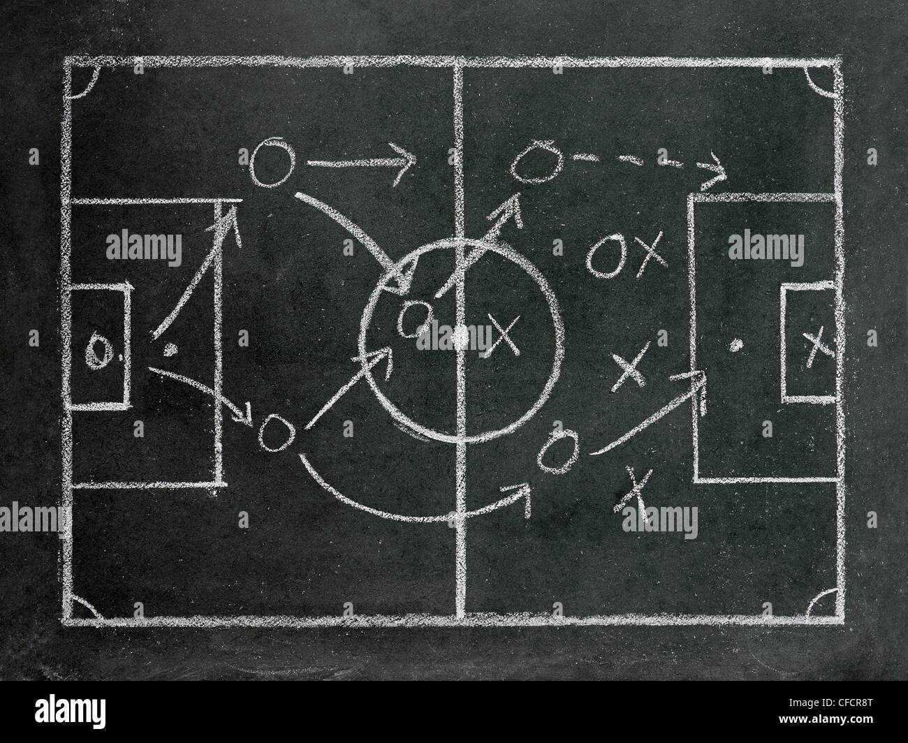 Tácticas de fútbol dibujado en una pizarra. Foto de stock
