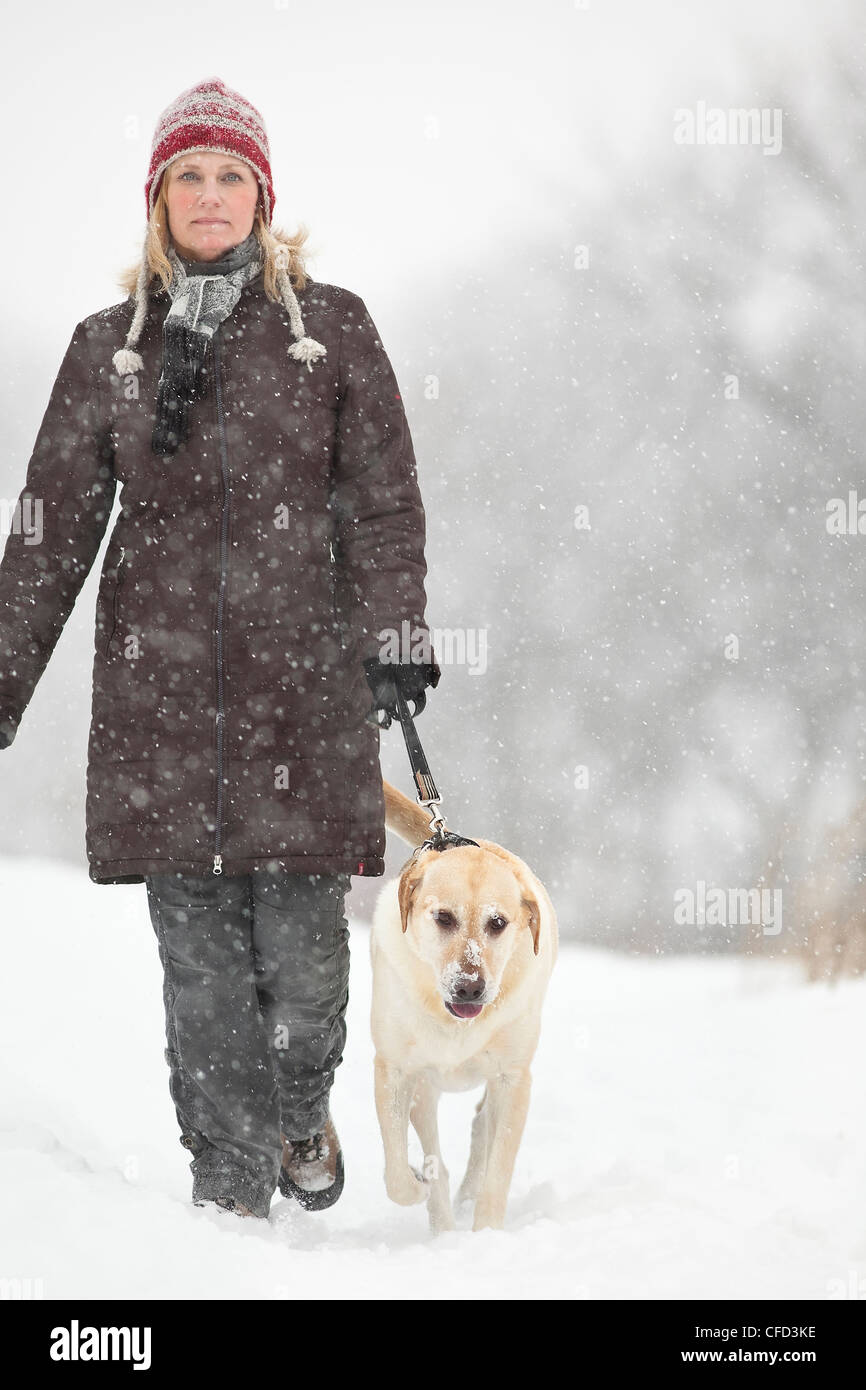 Mujer caminar a su perro en un día nevado de invierno. El esturión Creek, Winnipeg, Manitoba, Canadá. Foto de stock