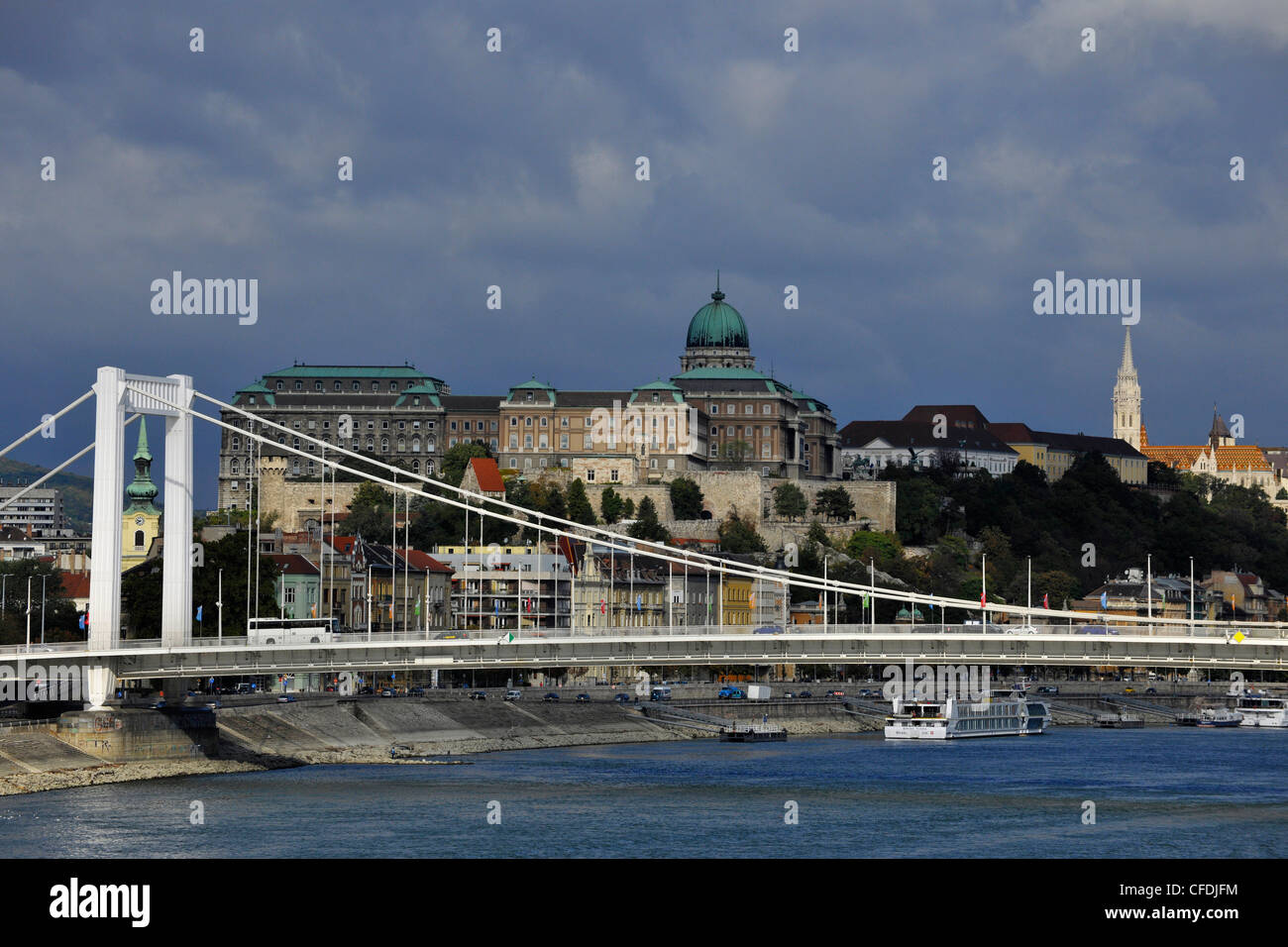 Puente Elisabeth y Castle Hill bajo el cielo nublado, Budapest, Hungría, Europa Foto de stock