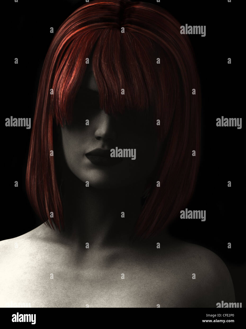 Estilo Arte ilustración digital y con textura granulada de la hermosa mujer de sombra profunda con el pelo rojo. Foto de stock
