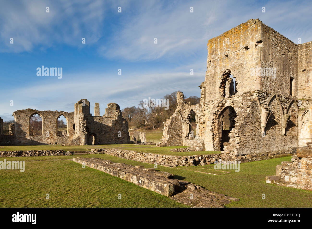Las ruinas de la abadía fundada Easby 1155 como una abadía premonstratense a orillas del río Swale, cerca de Richmond North Yorkshire Foto de stock