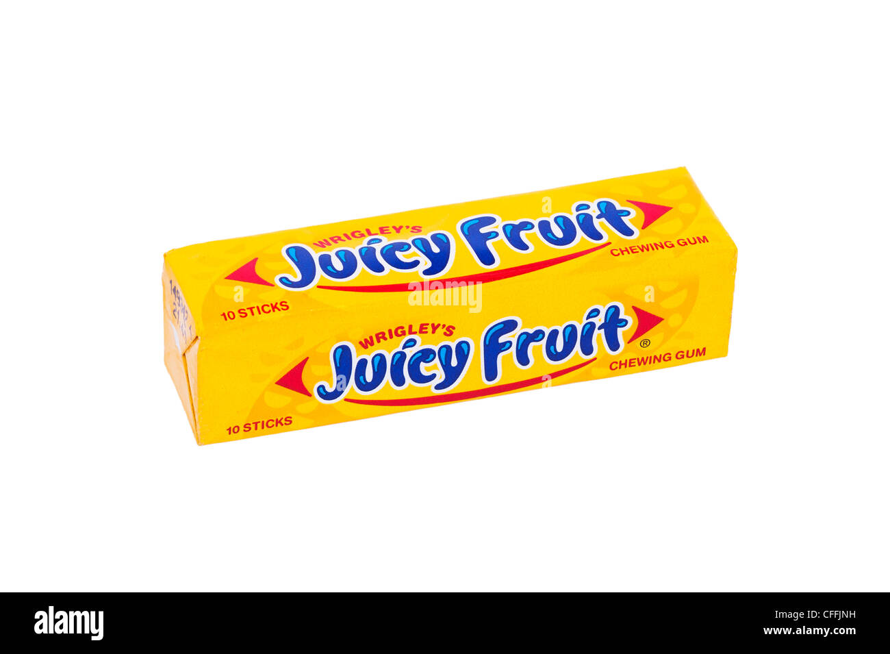 Un paquete de Wrigley's Juicy chicle sabor de fruta sobre un fondo blanco. Foto de stock