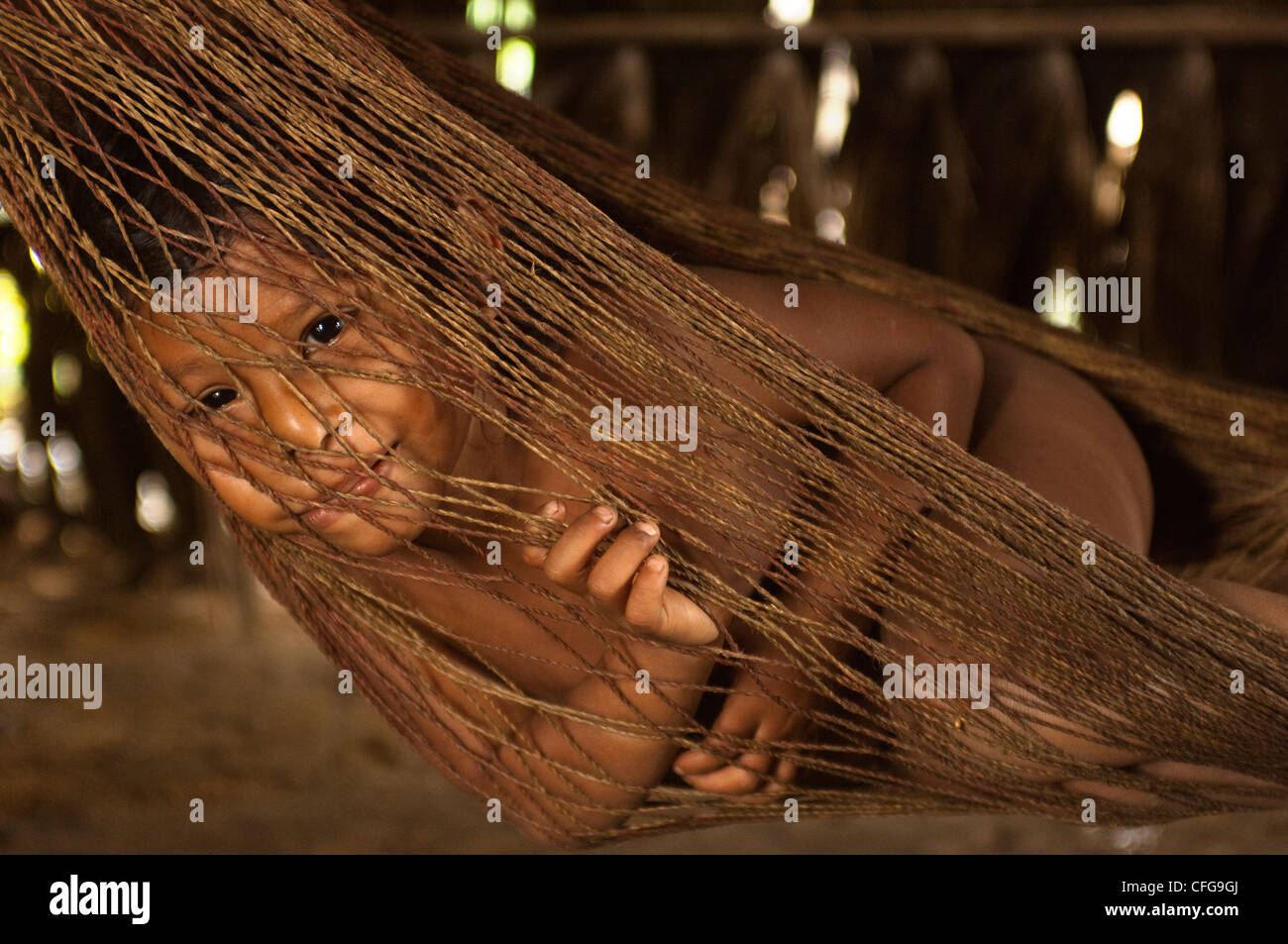 Los niños indios Huaorani en hamaca. Comunidad Gabaro, Parque Nacional Yasuní, selva Amazónica, Ecuador, América del Sur. Foto de stock