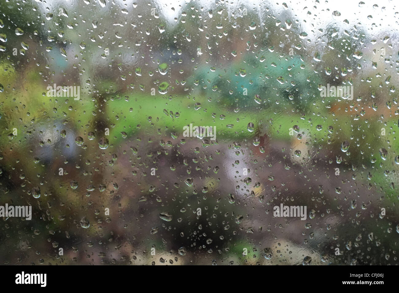Las gotas de lluvia en una ventana mirando hacia fuera en un huerto de Cornualles Foto de stock