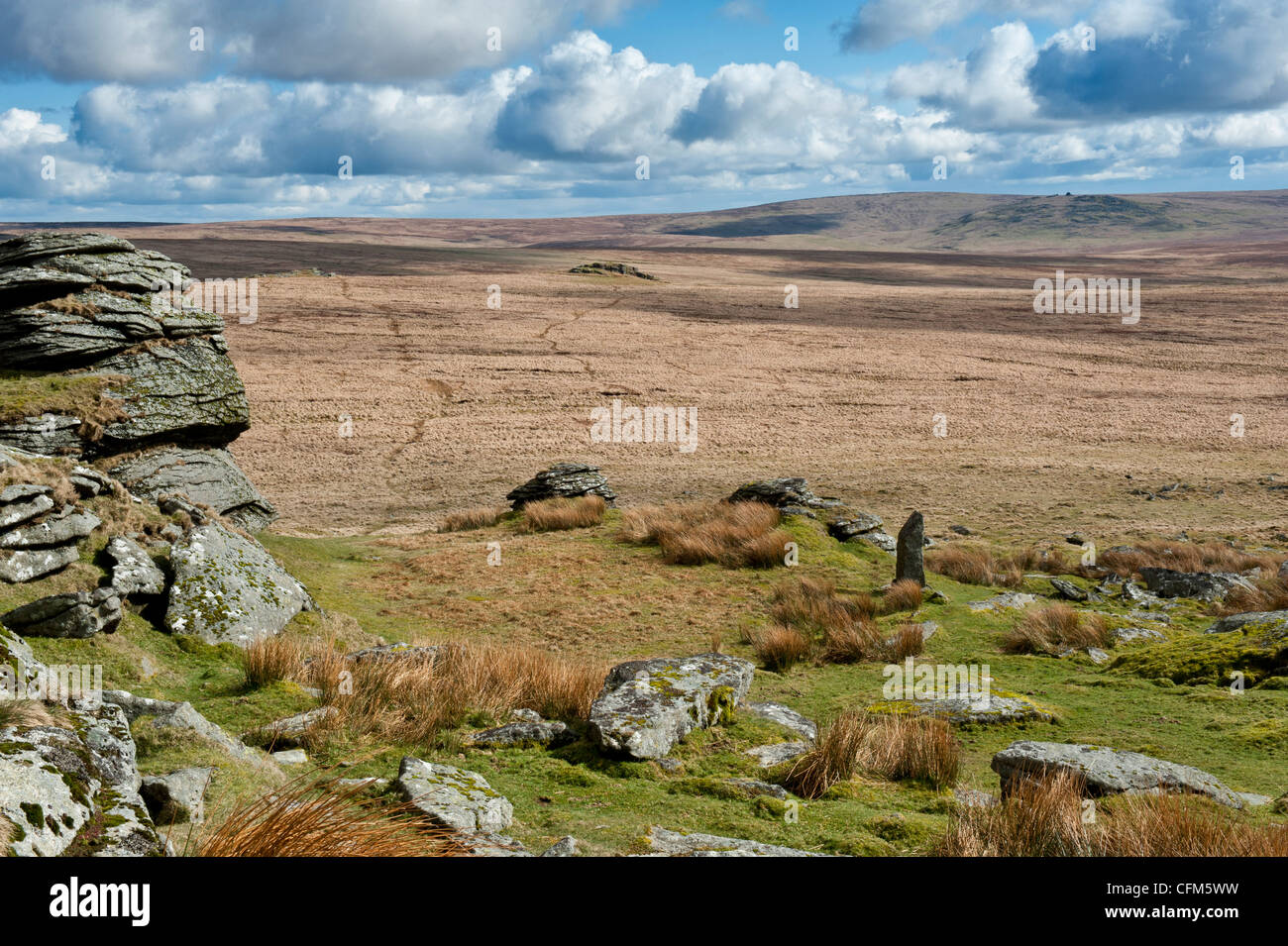 Paisaje de Dartmoor mostrando gran Enlaces Tor, mayor Dunna Cabra hierba ácida y opiniones Foto de stock