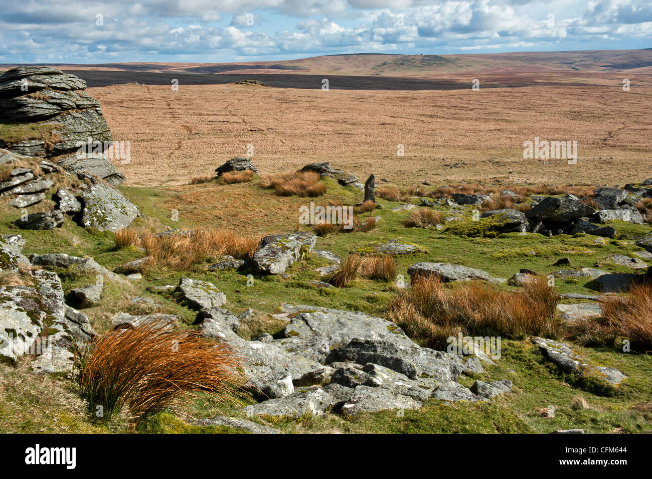 Paisaje de Dartmoor mostrando gran Enlaces Tor, mayor Dunna Cabra hierba ácida y opiniones Foto de stock