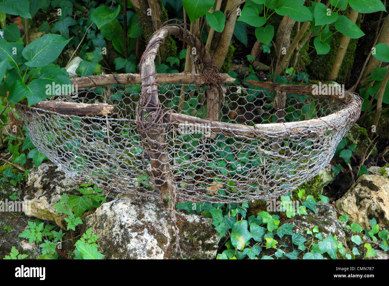 Casco de madera y alambre de pollo canasta bajo una cobertura en un jardín. Foto de stock