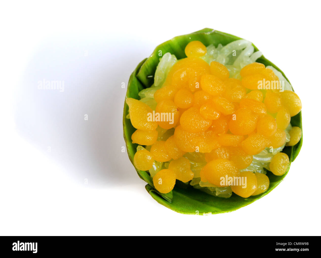 Postre tailandés , arroz pegajoso con yemas de huevo de oro gota Foto de stock