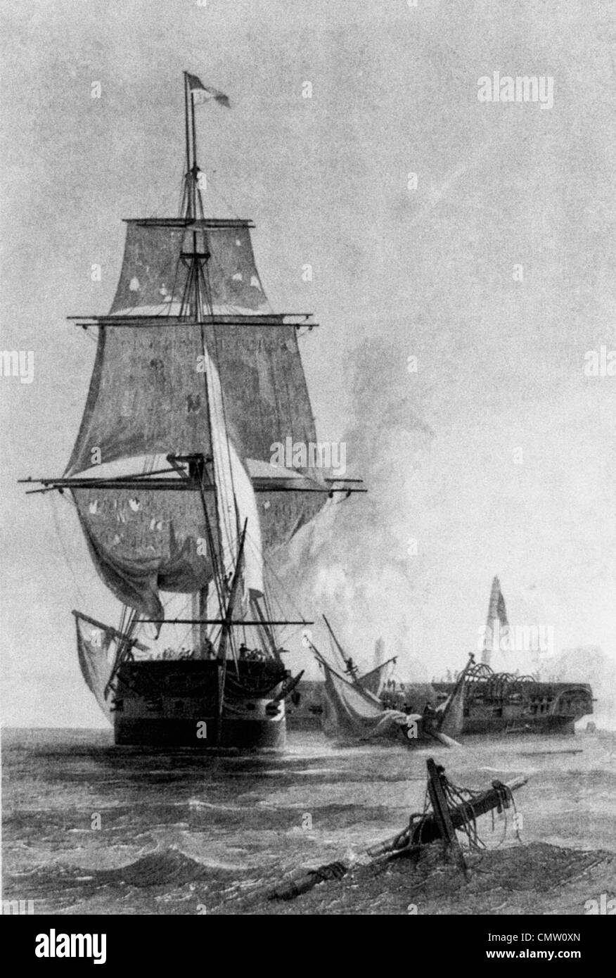 La batalla entre el USS Constitution y el HMS Guerriere durante la guerra de 1812 Foto de stock